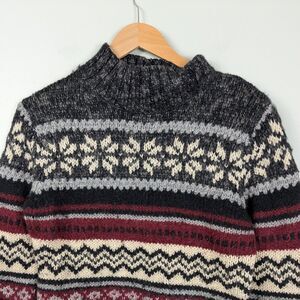 Vintage Sweater 90s Turtuleneck Chunky Stripe Snowflake Wool Isle Red Gray S